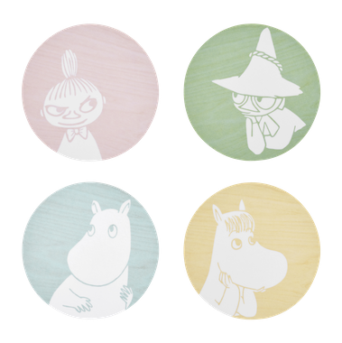 Moomin Coasters 4-pack by Muurla Design, featuring Snorkmaiden, Moomintroll, Snufkin and Little My