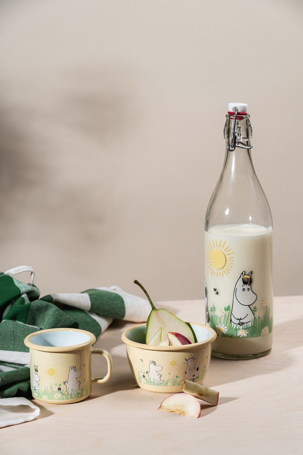 Moomin Meadow Collection of enamelware and Glass Bottles   Made by Muurla Design 