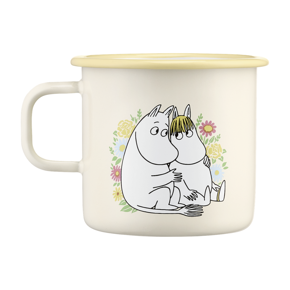 Muurla Moomin Flowers Larger Mug shown on a tray and next to a vase with the same Flowers design