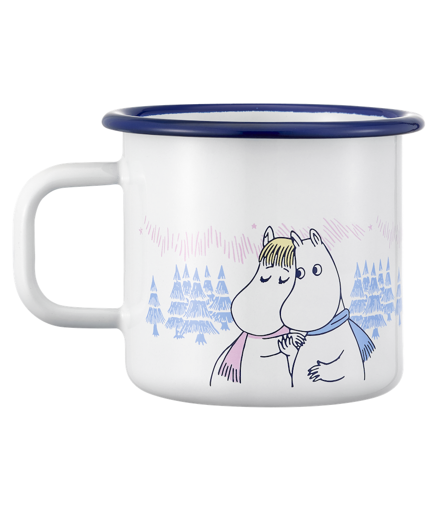 A white enamel camp mug with a dark blue rim and handle, featuring a printed illustration of two Moomin characters in a snowy landscape.