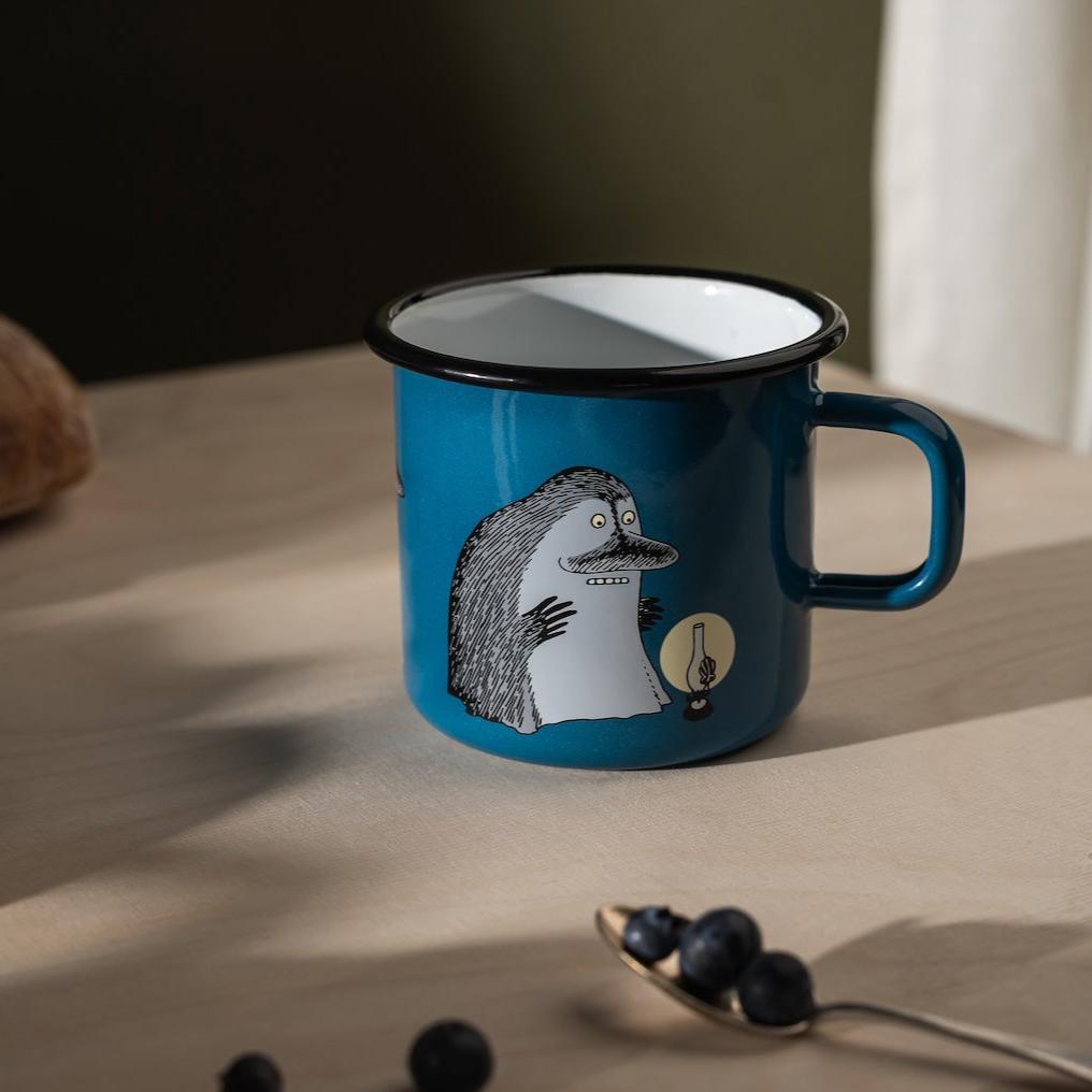 Muurla Design The Groke, Blue  Enamel Mug in a larger 0.55L size