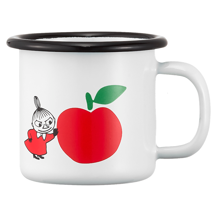 Two mugs with Moomin apple designs, a bottle of limonade, and a tray with a cartoon character on a light surface.