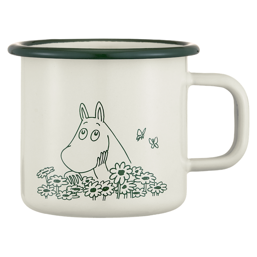 Moomin Mug with a cartoon character and flowers on a white background