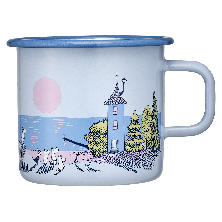 Moomin Enamel mug with a scenic design of a tower, trees, and animals on a white background