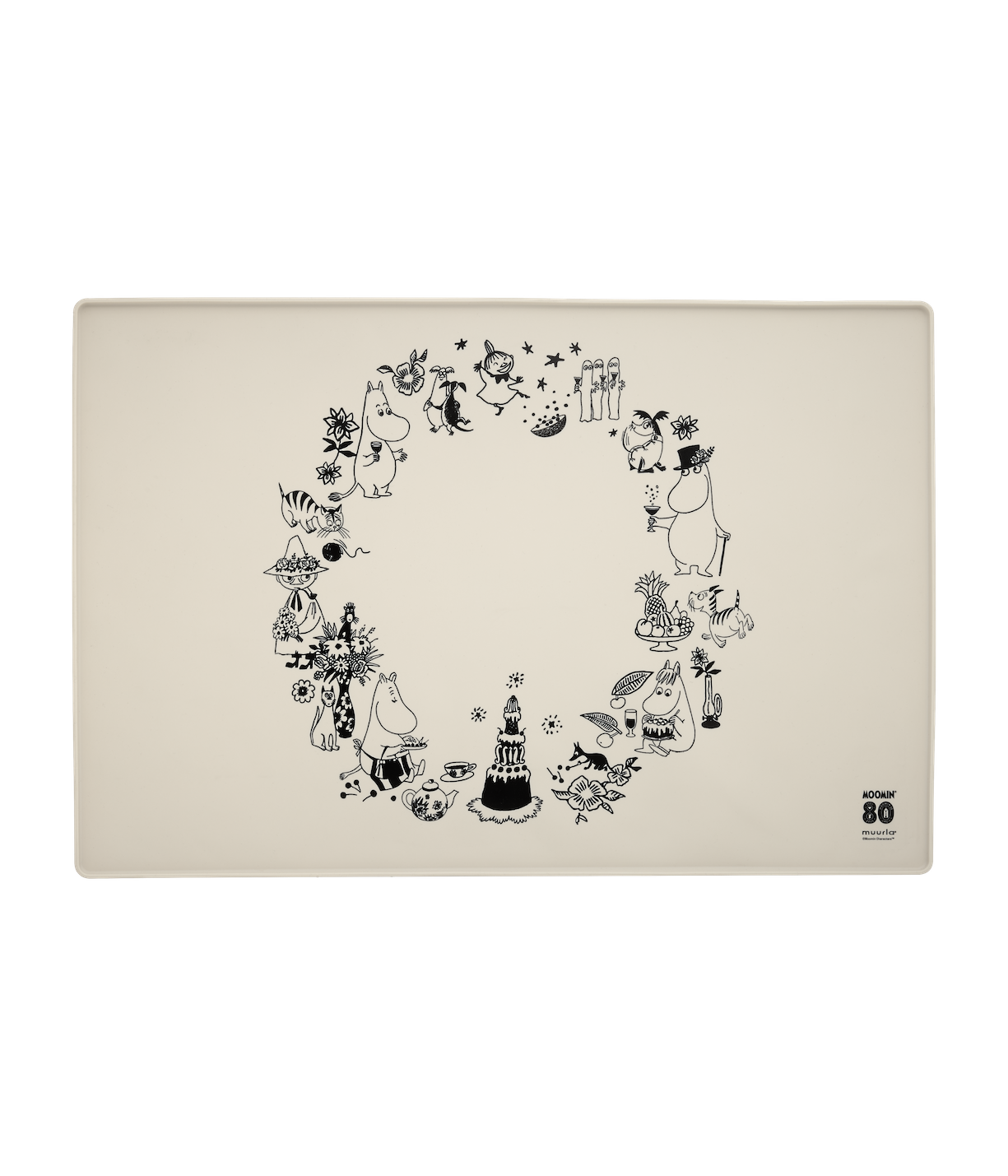 Placemat with black illustrations of Moomin characters