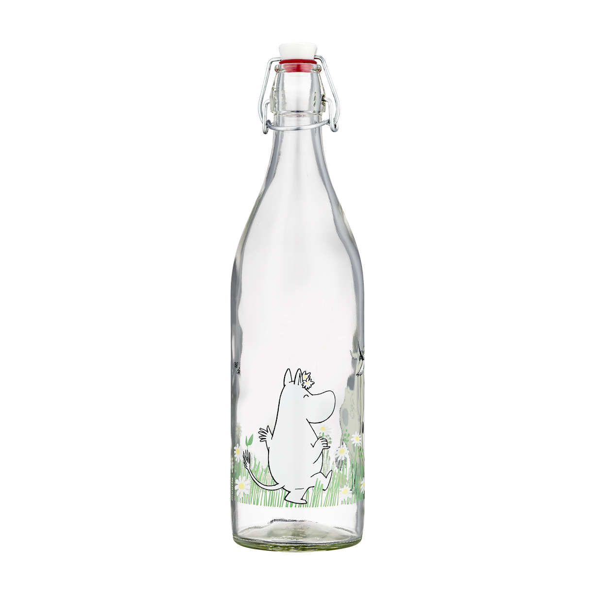 Moomin Meadow Glass Bottle with Clamp Stopper.  Pictured half full of milk, next to a green and white check tea-towel and some bagels!