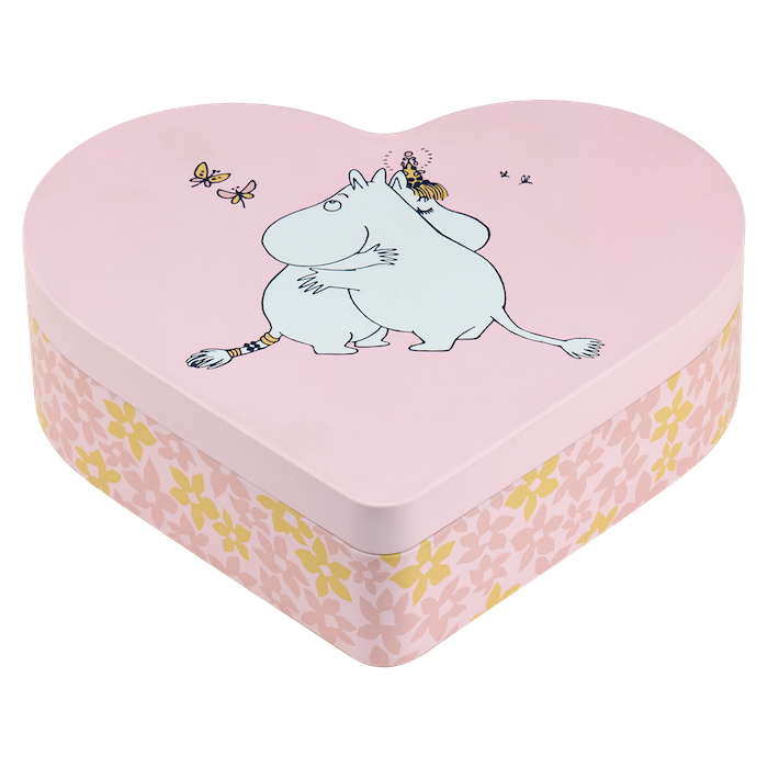 Moomin Heart-shaped pink box with a cartoon character and butterfly design on a white background