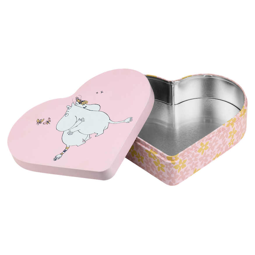 Moomin Heart-shaped pink tin box with a cartoon character on a white background