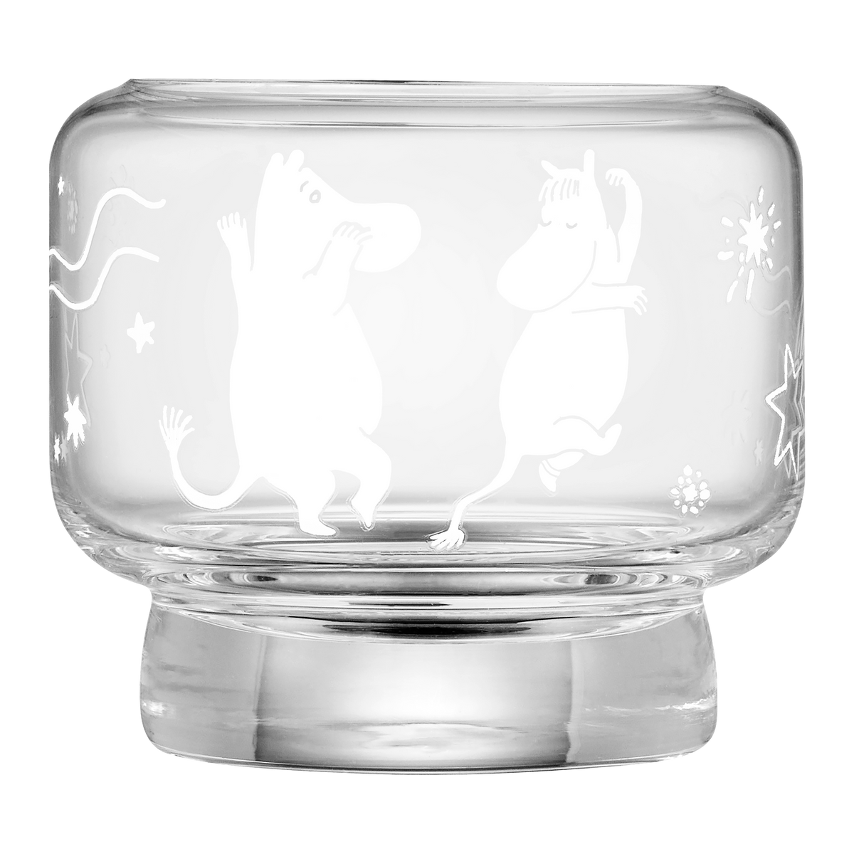 Clear glass jar with frosted white etched Moomin illustrations of Moomin characters and stars, shown on a white background.