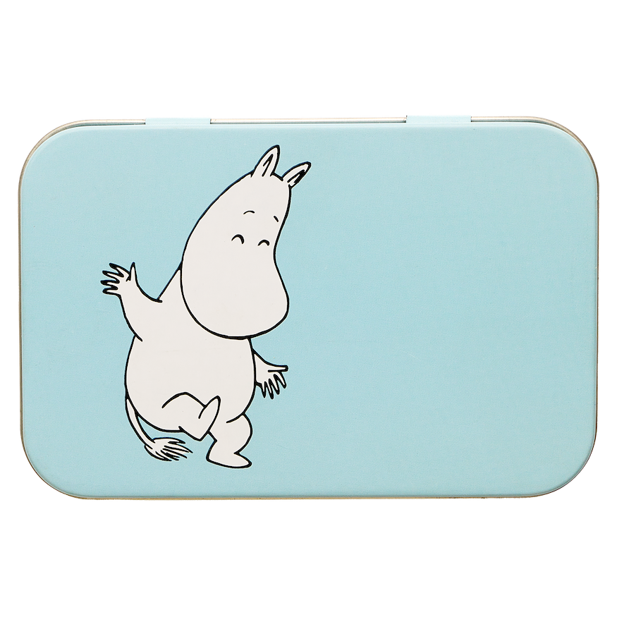 Box of Moomin-themed products with colorful packaging on a white background