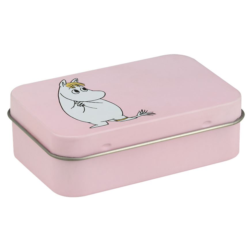 Small rectangular Moomin Snorkmaiden tin on a pink surface with stationery items.