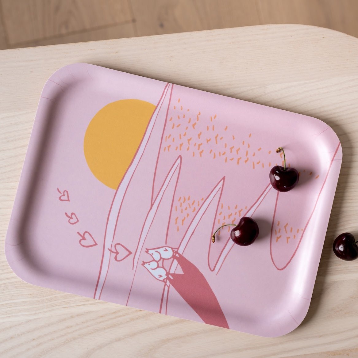 Moomin, A Moment, Tray, by Muurla Design.  Shown on a birch table with cherries on the tray!