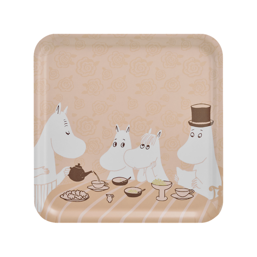 Coffee Time Moomin Tray by Muurla Design, showing the key Moomin Characters enjoying a tea-party . coffee party!