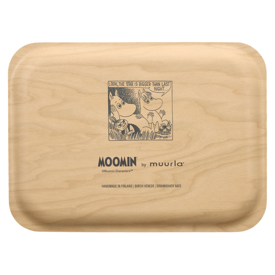 A rectangular Moomin wooden tray with rounded corners, featuring a Moomin-themed illustration and text printed on the light natural wood surface.
