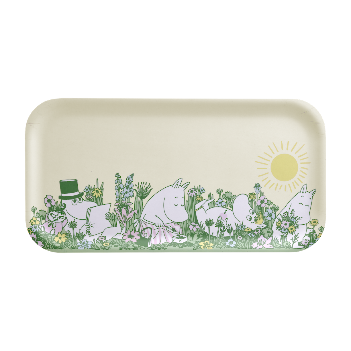 Muurla Moomin In The Garden Tray 43 x 22cm shown on a plain tabletop next to herbs and an Moomin enamel mug with a green rim 