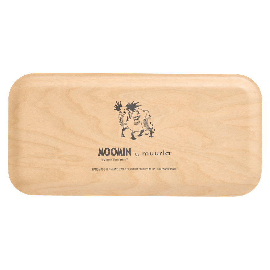Rectangular tray with Moomin winter scene illustration featuring two characters and trees on a blue background.