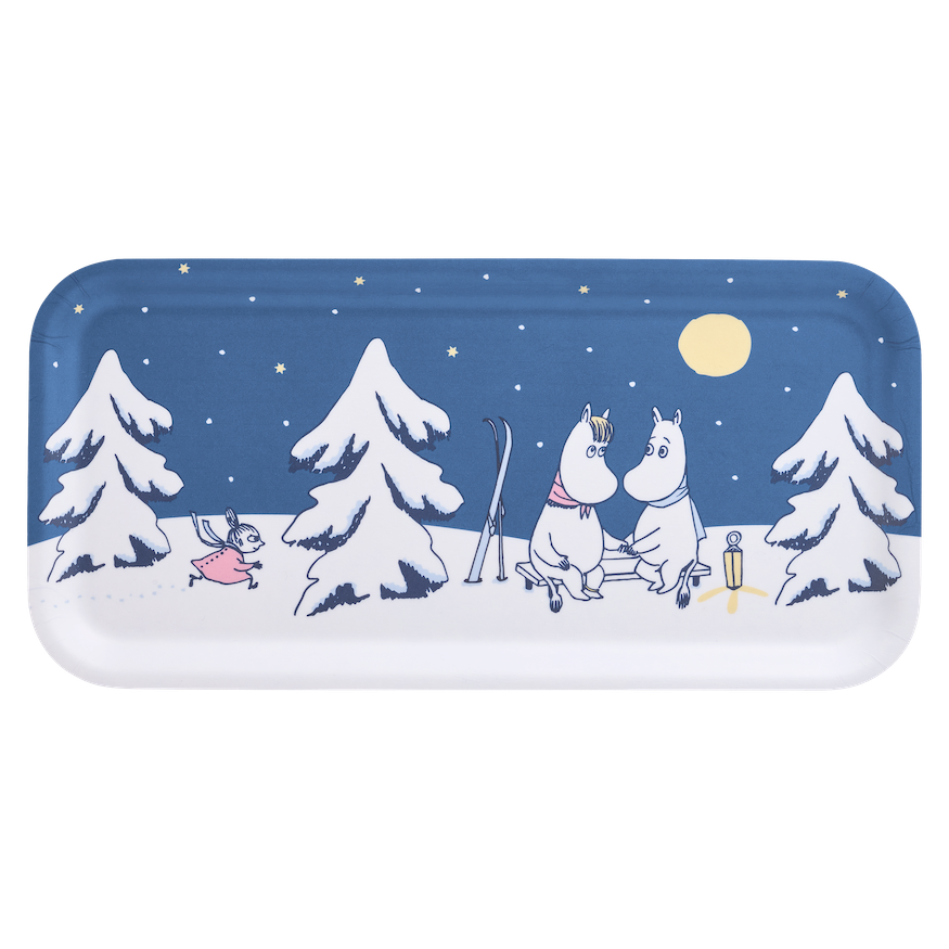Rectangular tray with Moomin winter scene illustration featuring two characters and trees on a blue background.