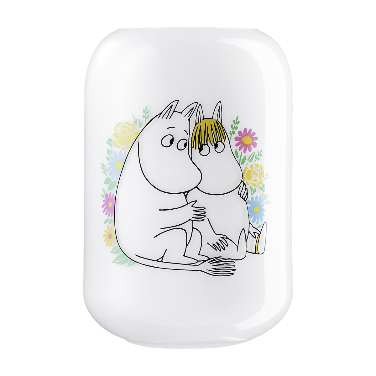 Muurla Moomin Flowers Glass Vase.  White background with a design featuring Moomintroll and Snorkmaiden against backdrop of Flowers