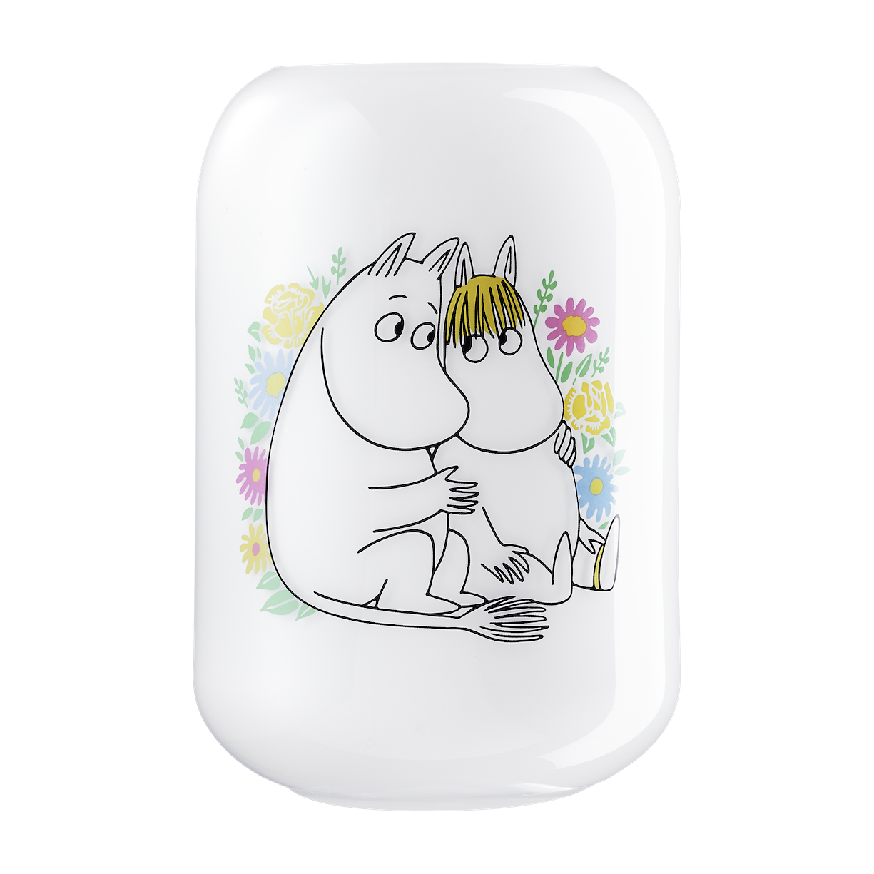 Muurla Moomin Flowers Glass Vase.  White background with a design featuring Moomintroll and Snorkmaiden against backdrop of Flowers