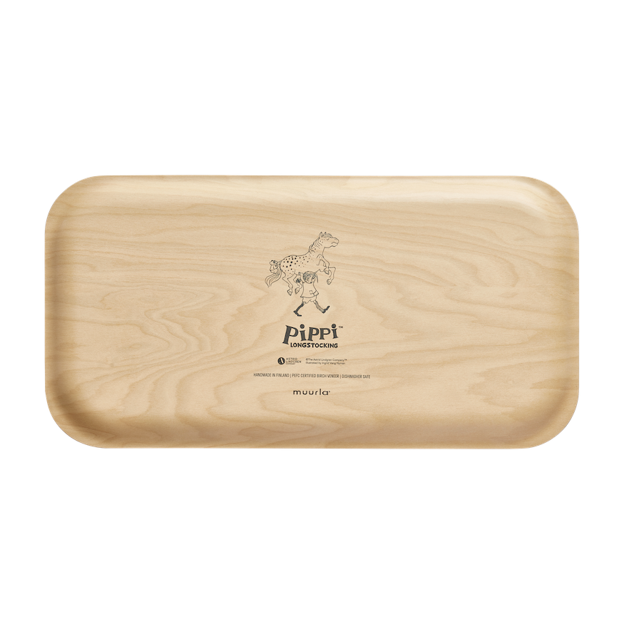 Pippi Longstocking Tray with The Way Home design.  Shown next to a shopping bag with vegetables falling out 