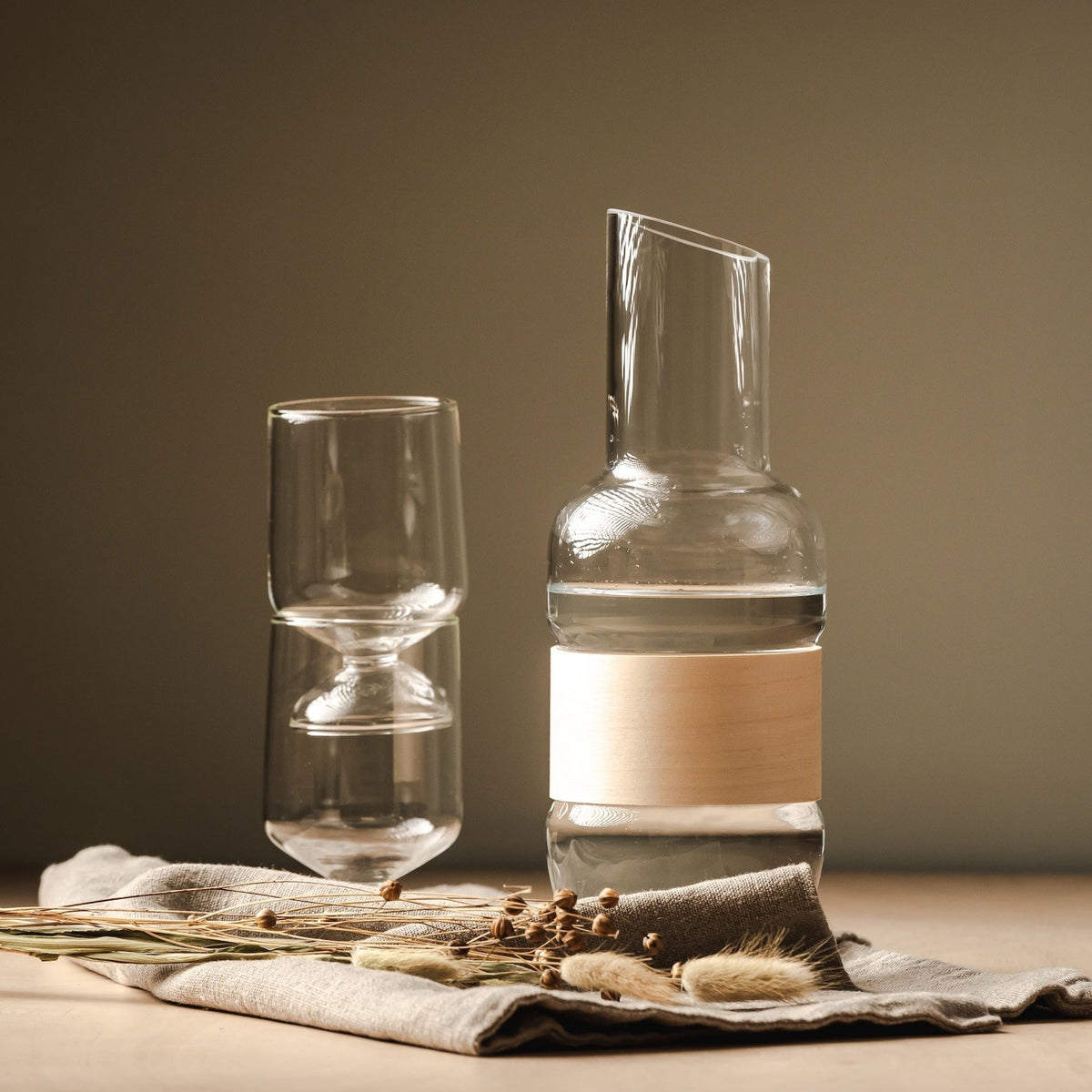 OLO Drinking Glasses and Veneer Pitcher in a relaxing Spa setting.  By Finland&#39;s Muurla Design