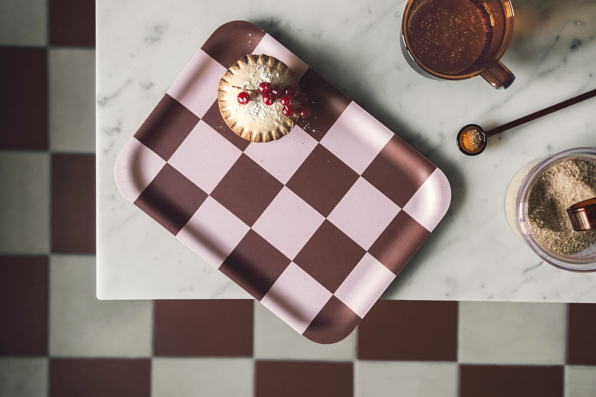MUURLA | Checks & Stripes, Tray, 27x20cm, Brown & Pink Checks