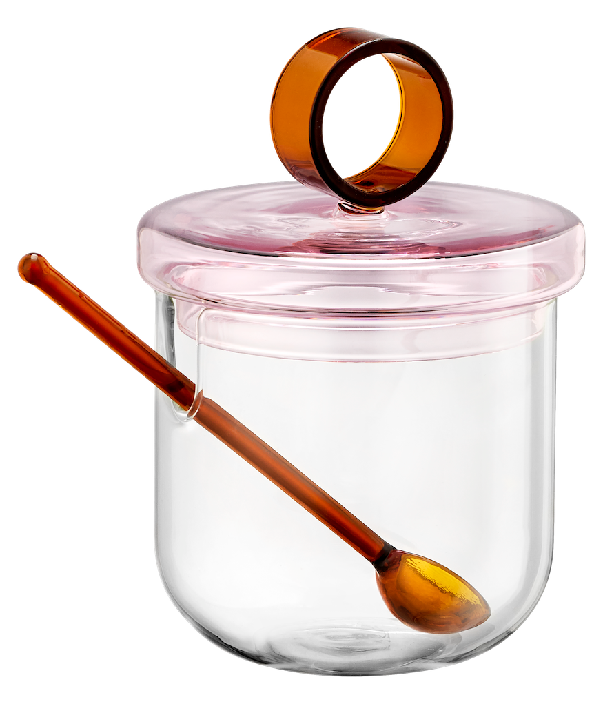 Loop Sugar Bowl with a pink lid and amber-colored spoon and handle on a white background
