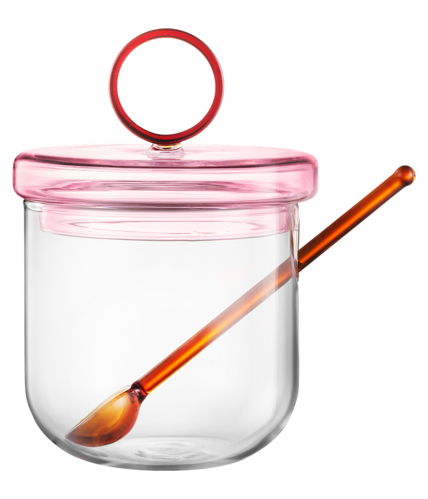 MUURLA | Loop Sugar Jar with Lid and Spoon  | Clear/Pink/Amber | 10cm ⌀ / 14cm High