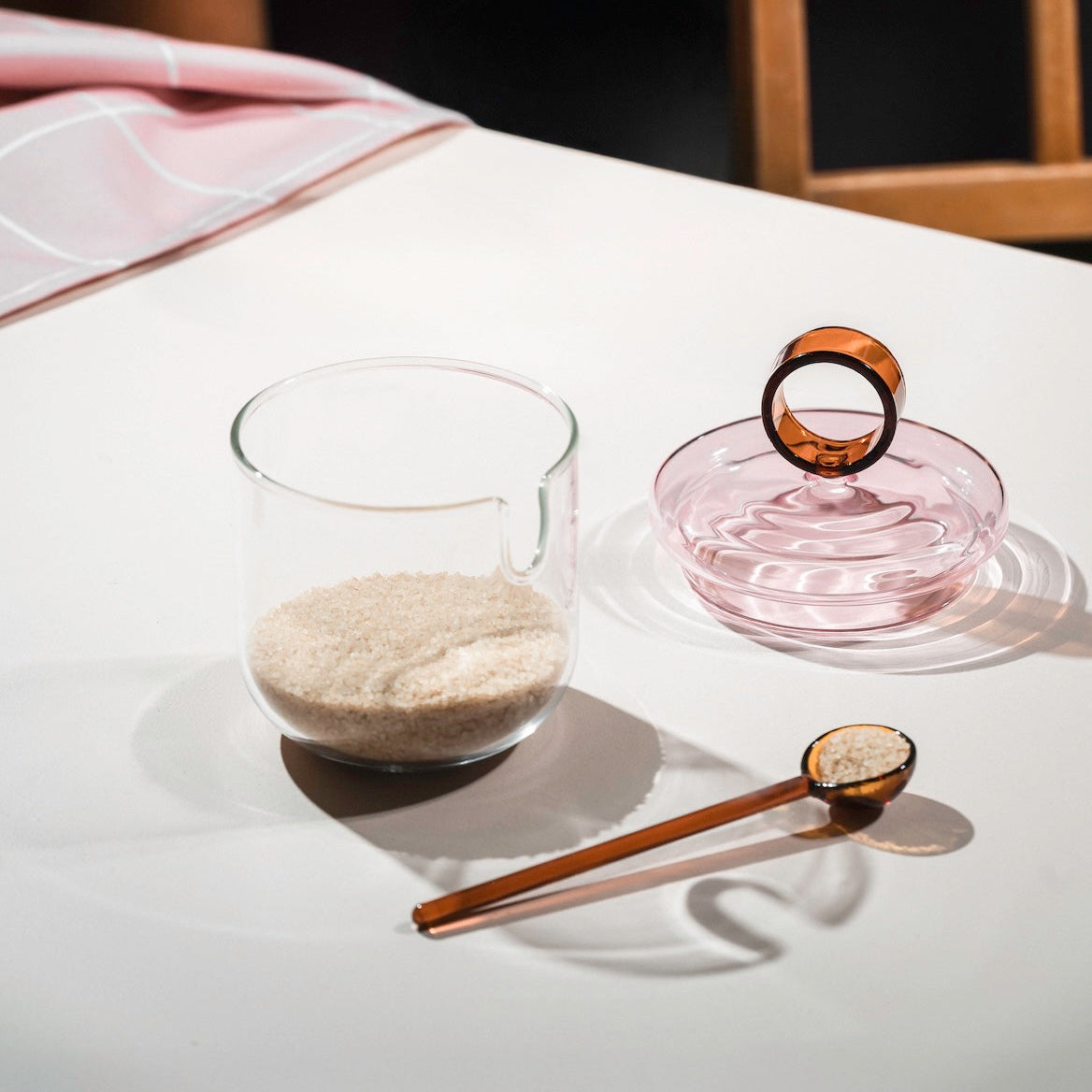 MUURLA | Loop Sugar Jar with Lid and Spoon  | Clear/Pink/Amber | 10cm ⌀ / 14cm High