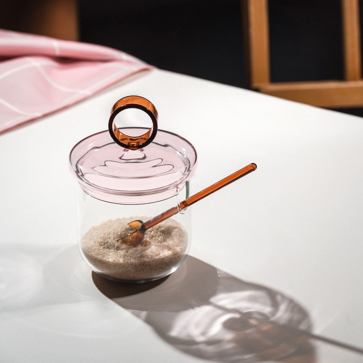 MUURLA | Loop Sugar Jar with Lid and Spoon  | Clear/Pink/Amber | 10cm ⌀ / 14cm High