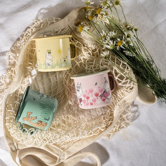 Moomin In The Garden series of enamel mugs. Boys, Girls &amp; Meadow