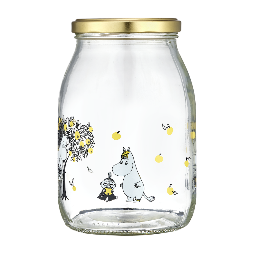 Moomin Glass Jar, Apples, 1 L shown full of Apple compote and next to an apple and slices of bread