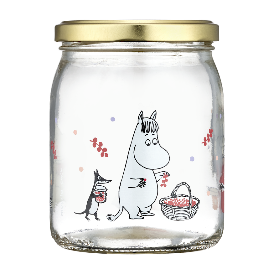 Moomin Glass Jar Berries 0.5L shown full of Berry Jam, next to a spoon also full of fresh berries