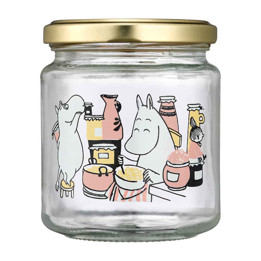 Moomin Glass Jar with metal lid.  Jam 0.3L shown full of jam,  on a pink tray with a slice of toast  next to it.