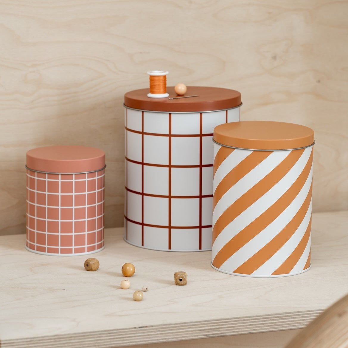 MUURLA | Checks &amp; Stripes | Tin Jars - Set of 3 | Brown, Amber, Pink