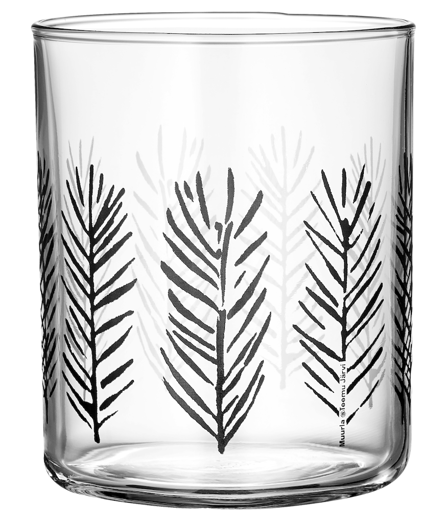 Two glass tumblers with Spruce patterns on a marble surface. Made by Muurla Design Teemu Jarvi