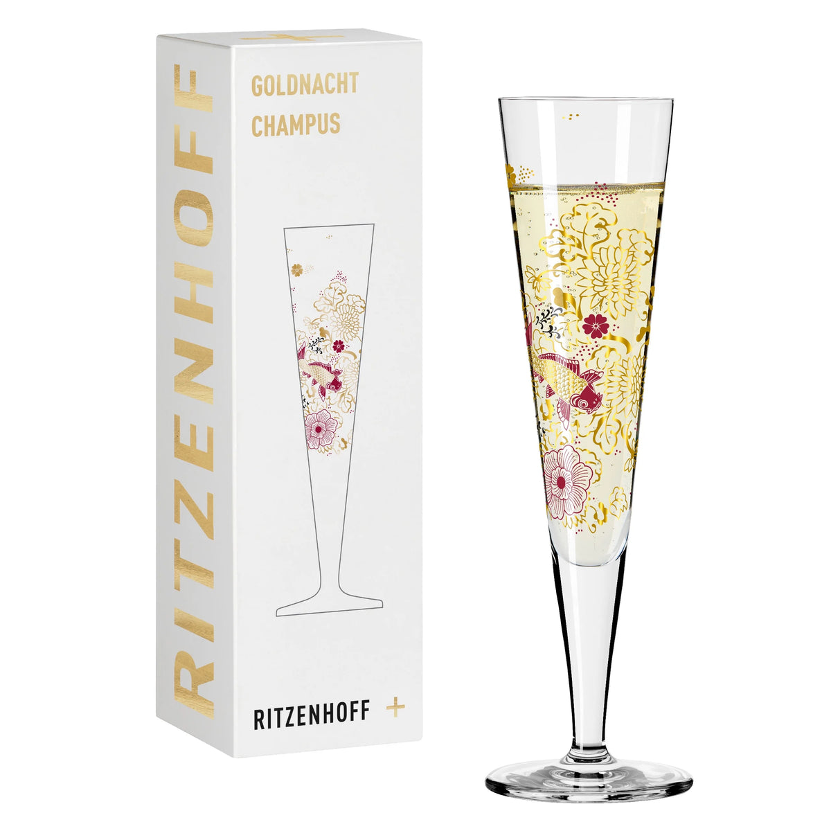 The Ritzenhoff Goldnacht Champagne Glass, 1071023, by Kathrin Stockebrand, presented in an exclusive gift box.
