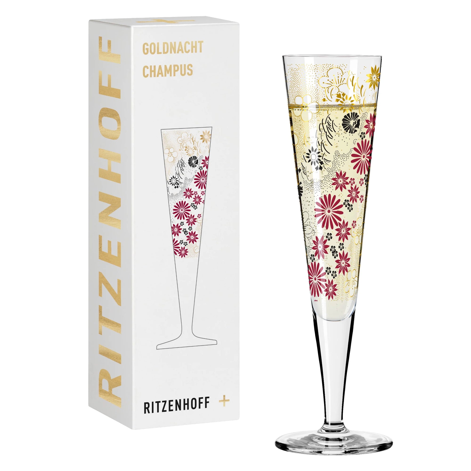 The Ritzenhoff Goldnacht Champagne Glass, 1071024, by Kathrin Stockebrand, presented in an exclusive gift box.