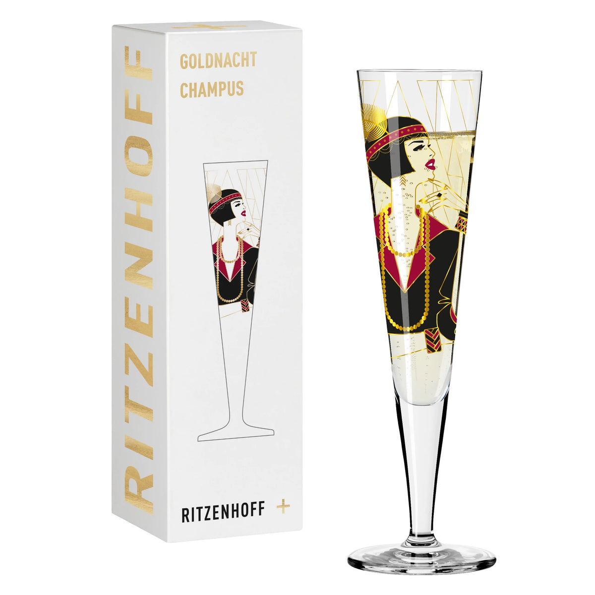 The Ritzenhoff Goldnacht Champagne Glass, 1071027, design by Samy Halim, presented in an exclusive gift box.