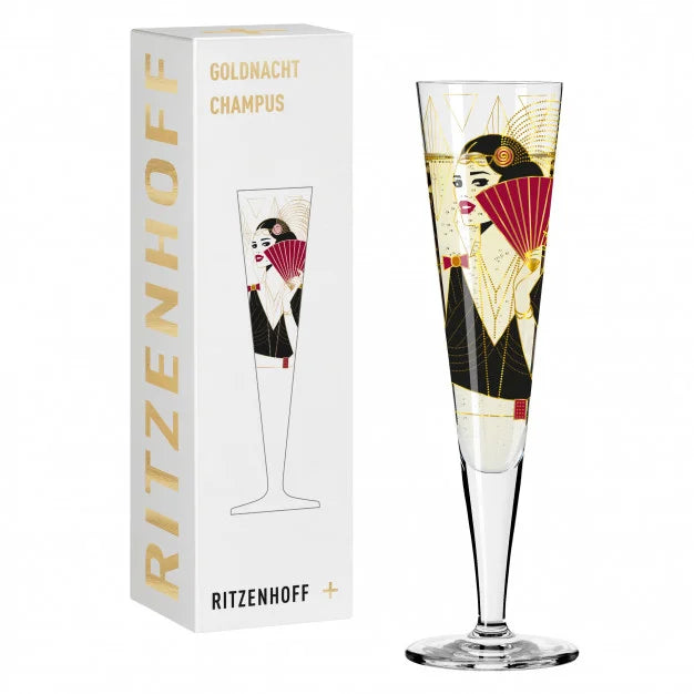 The Ritzenhoff Goldnacht Champagne Glass, 1071028, design by Samy Halim, presented in an exclusive gift box.