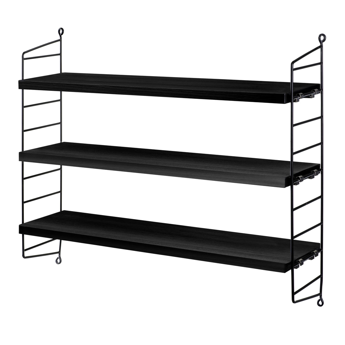 String Pocket Shelving with 3 Black-Stained Ash Shelves and 2 Black String Panels