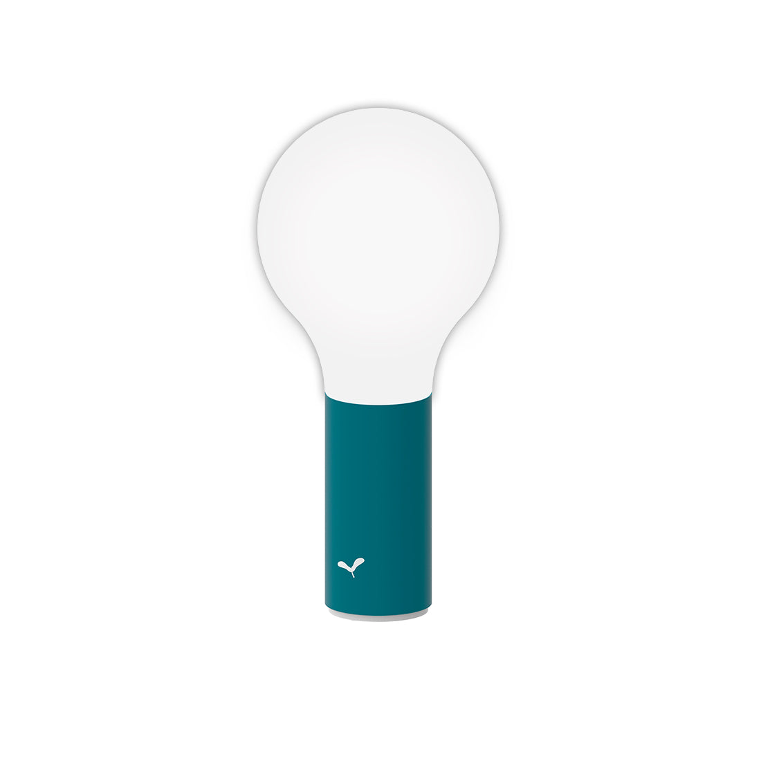 Fermob Aplô portable indoor and outdoor Lamp in Acapulco Blue in front of a white background.