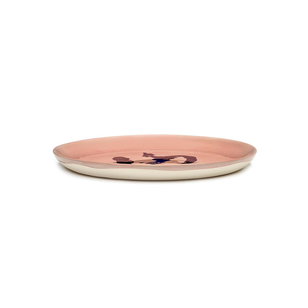 Ottolenghi for Serax Feast collection; side view of medium plate, with delicious pink pepper blue design.