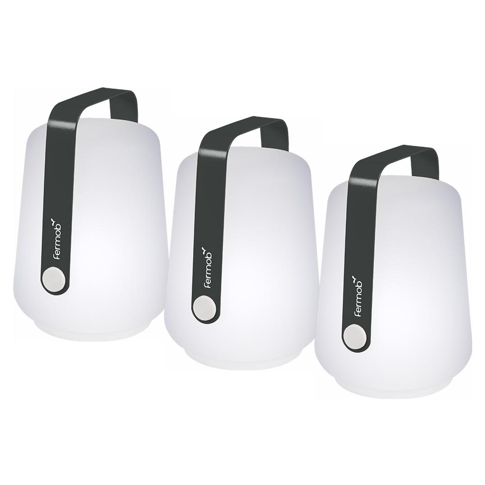3 Fermob lanterns in Anthracite on a White background. The lanterns have the Fermob logo on their metal handles.
