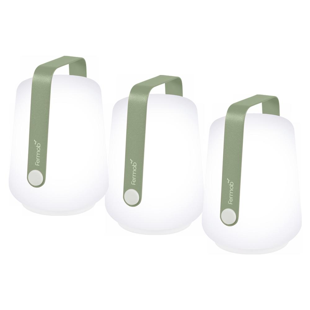 3 Fermob lanterns in Cactus on a White background. The lanterns have the Fermob logo on their metal handles.
