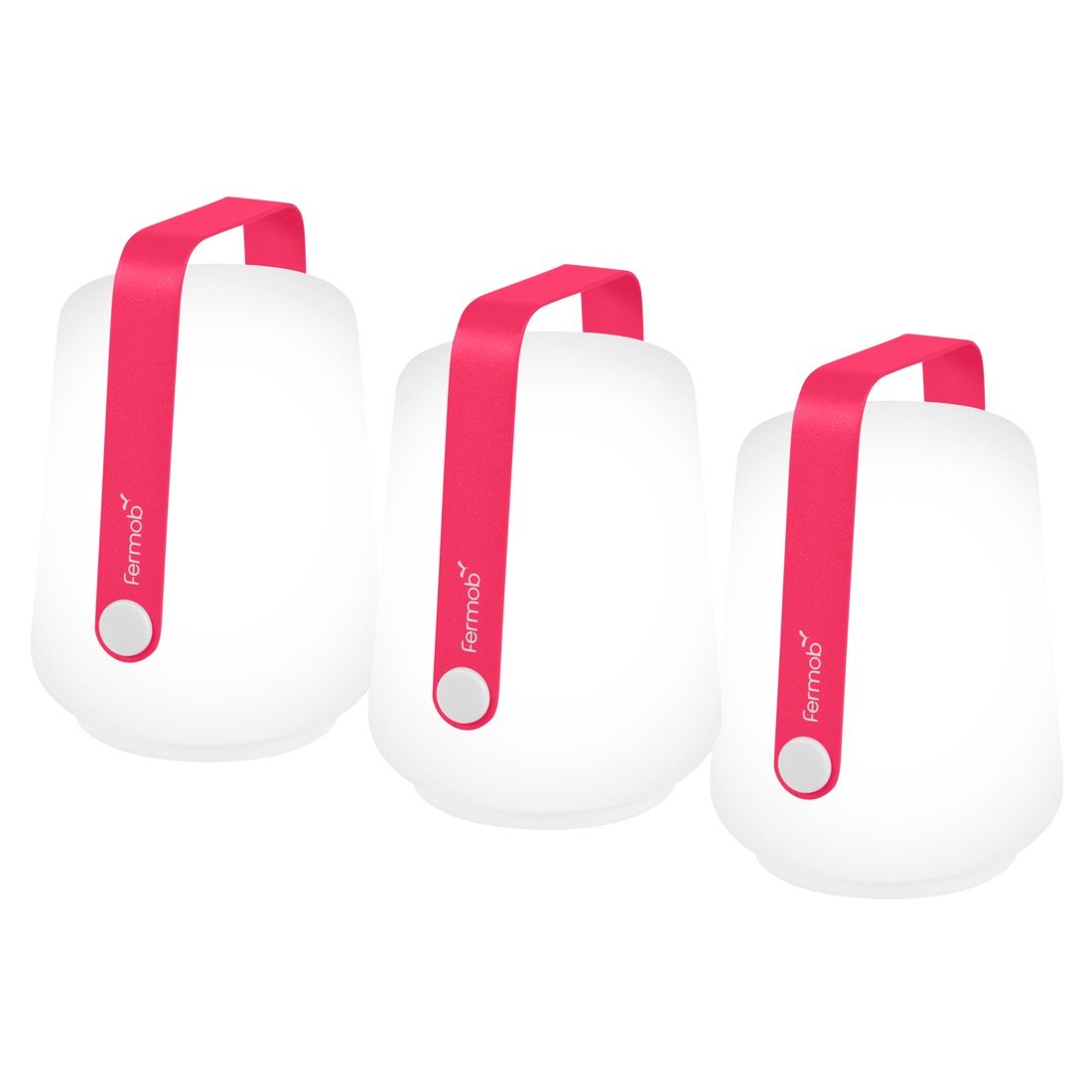 3 Fermob lanterns in Pink Praline on a White background. The lanterns have the Fermob logo on their metal handles.