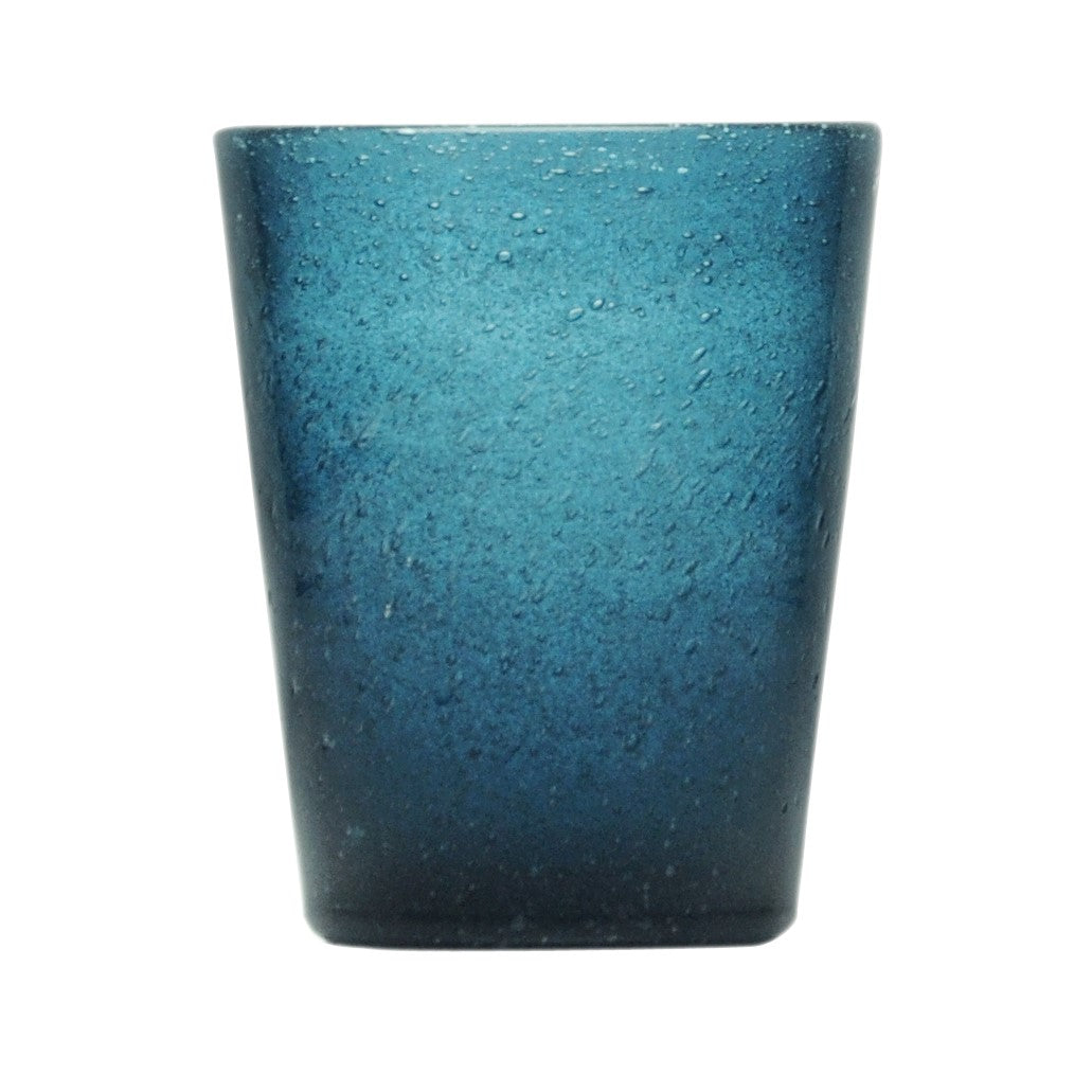 Cheerful, versatile coloured drinking glasses from Memento in Italy. For summer entertaining and everyday use. Decorative bubbles in the glass itself. Colour: Deep Blue