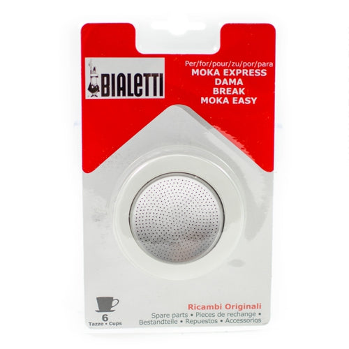 Bialetti spare parts for Moka Express 6-Cup comprising 3 gaskets seals and one filter plate.