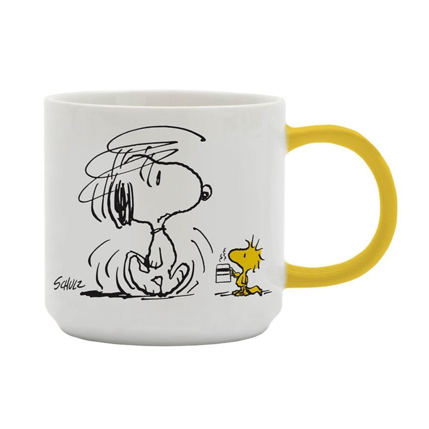Peanuts Snoopy Mug in White with a Yellow handle and an Image on one side of the Mug of Snoopy walking towards Woodstock.