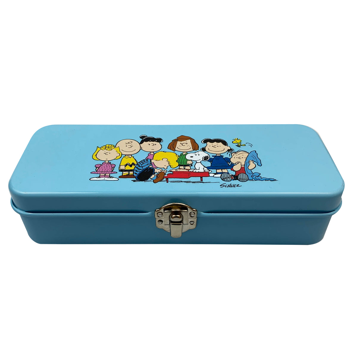 Peanuts Snoopy Pencil Tin in Light Blue with an image of the Snoopy Gang on the Lid.